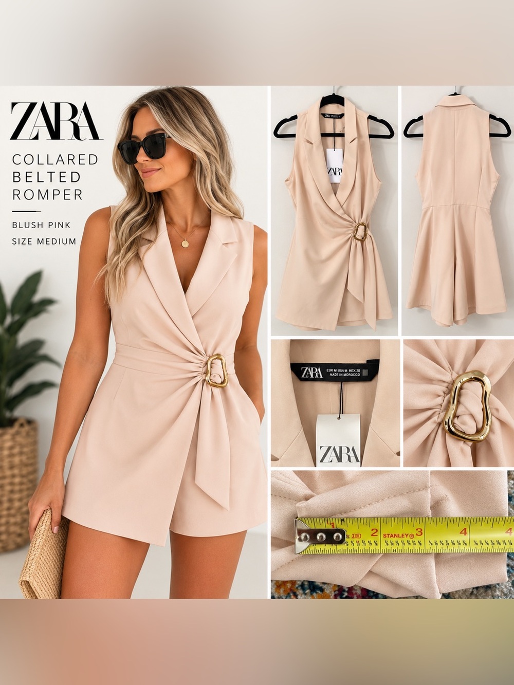 Zara Blush Pink Collared Belted Romper Playsuit Gold Buckle M